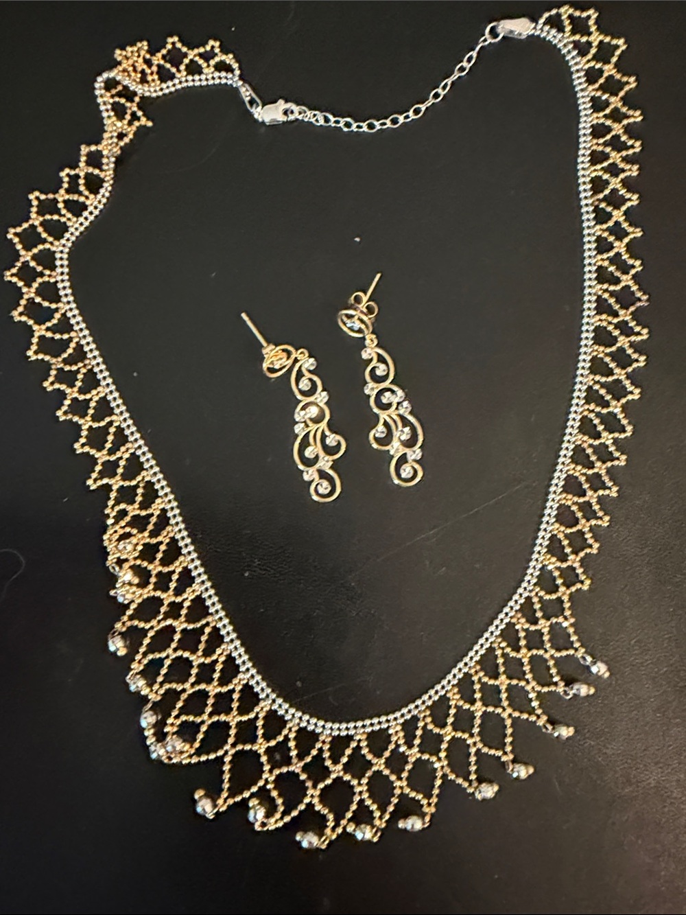 Gold Filigree Lattice Necklace with Matching Drop Earrings - Gold